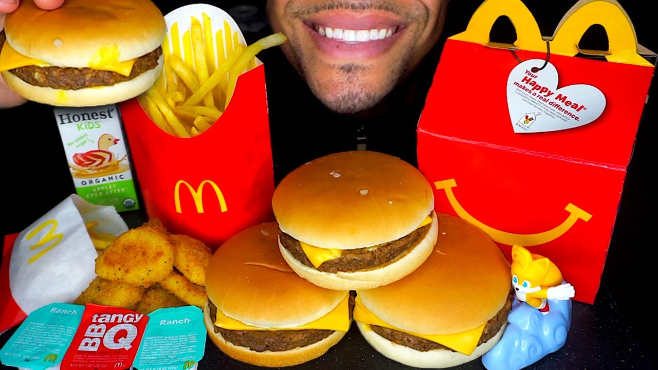 ASMR MCDONALD'S HAPPY MEAL TOYS MUKBANG | CHEESEBURGERS CHICKEN NUGGETS EATING SHOW