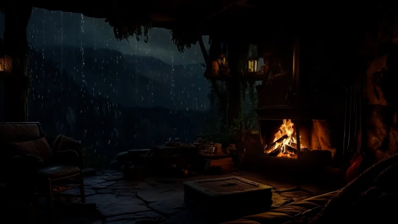 Cozy Cave Sanctuary 🏔️ Soothing Rain & Crackling Fireplace Sounds for Deep Sleep & Calm