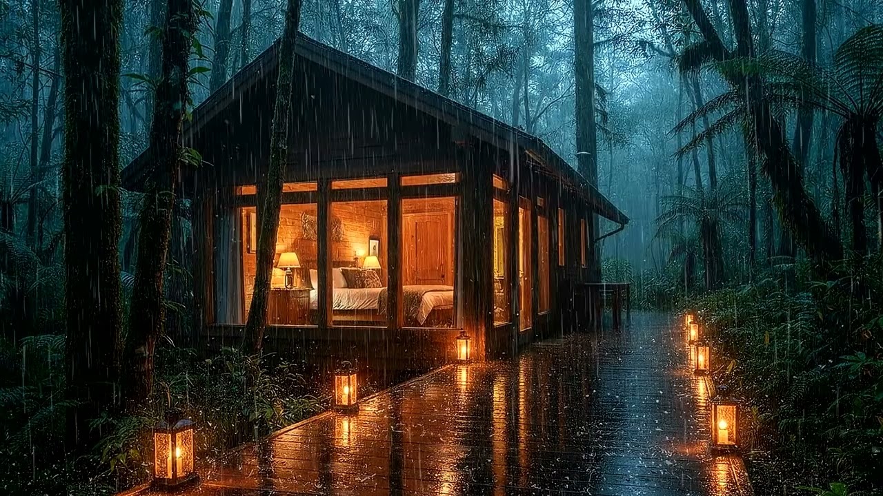 Rainy Glass Cabin in the Forest at Night | Deep Sleep Rain Ambience 8 Hours