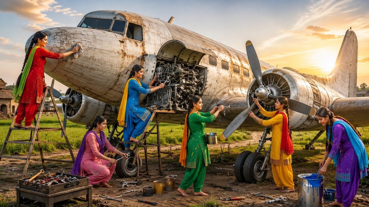 6 Village Sisters Found a Giant Airplane | 6 Village Girl Repaired a Giant Abandoned Airplane