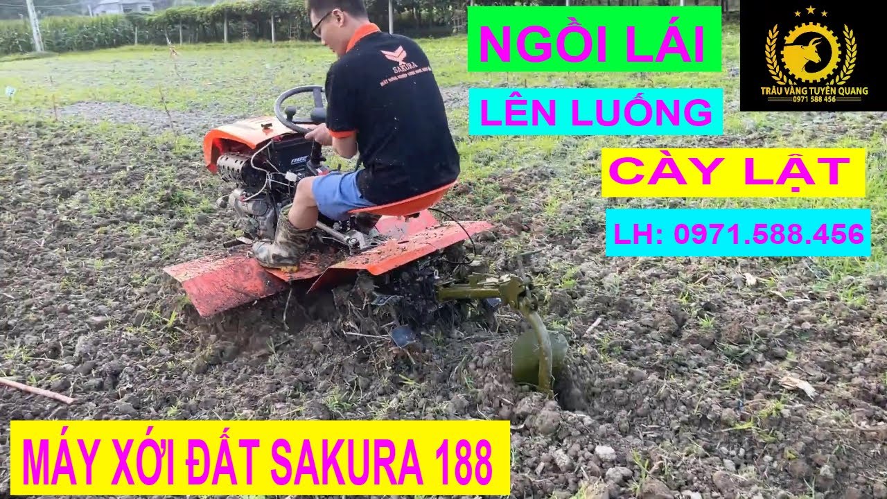 Máy xới đất sakura 188 ngồi lái thực hành lên luống cày lật