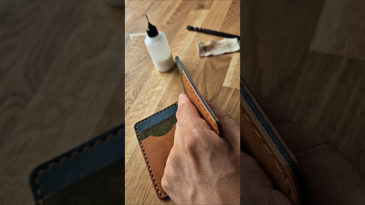 Edge finishing of a handmade leather bi-fold wallet. Vegetable-tanned full-grain leather #asmr