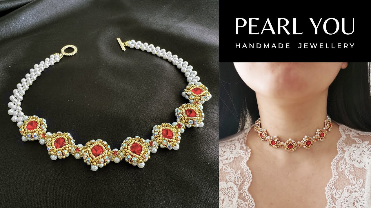 Red Gemstone Beaded Necklace, 2024 Christmas Gift Handmade Necklace by PEARL YOU