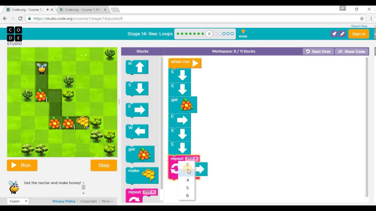 Code.org: Course 1 - Stage 14: Bee Loops