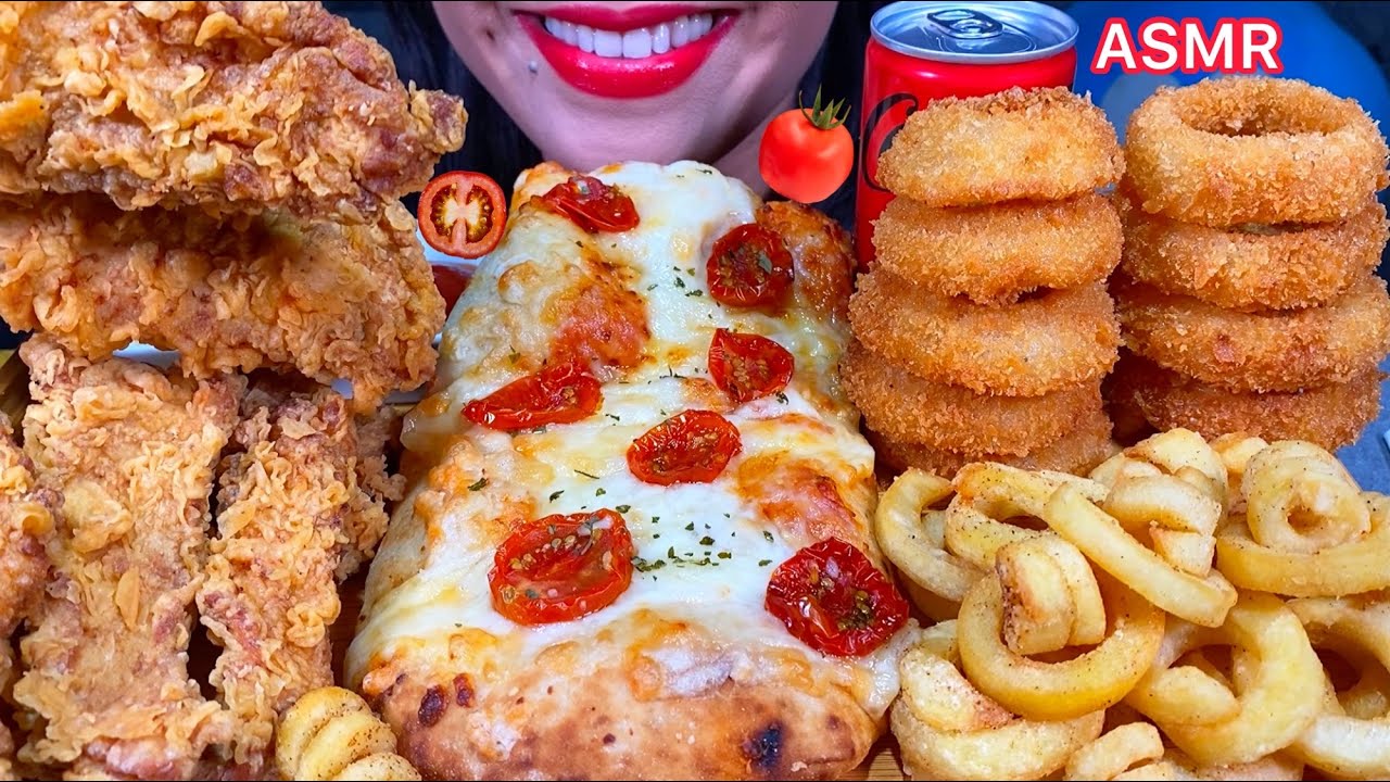 ASMR CHEESY PIZZA, CHICKEN TENDERS, ONION RINGS, CURLY FRIES MUKBANG MASSIVE Eating Sounds