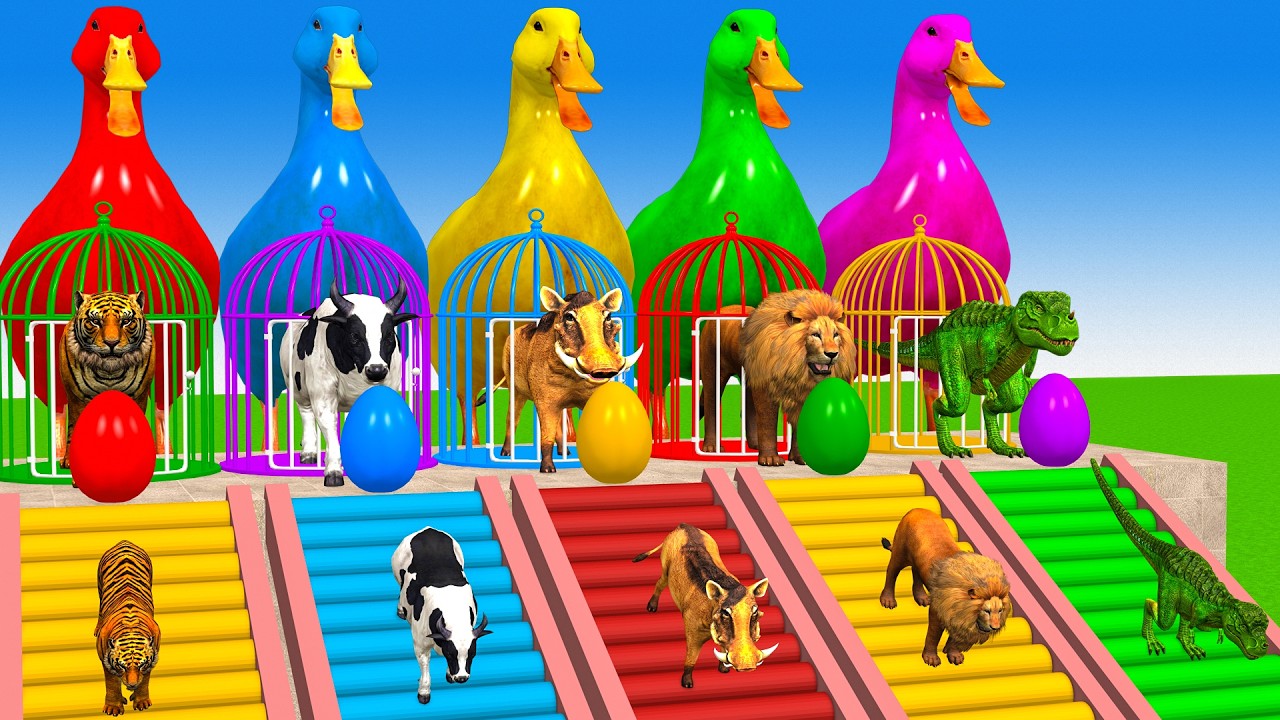 Long Slide Game With Cow Elephant Gorilla Hippopotamus Tiger - 3d Animal Game - Funny 3d Animals