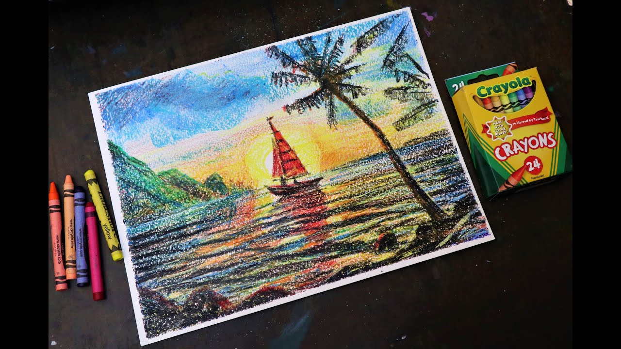 Beautiful Sunset Scenery drawing for Beginners with Wax Crayola Crayons pack of 24 Step by Step