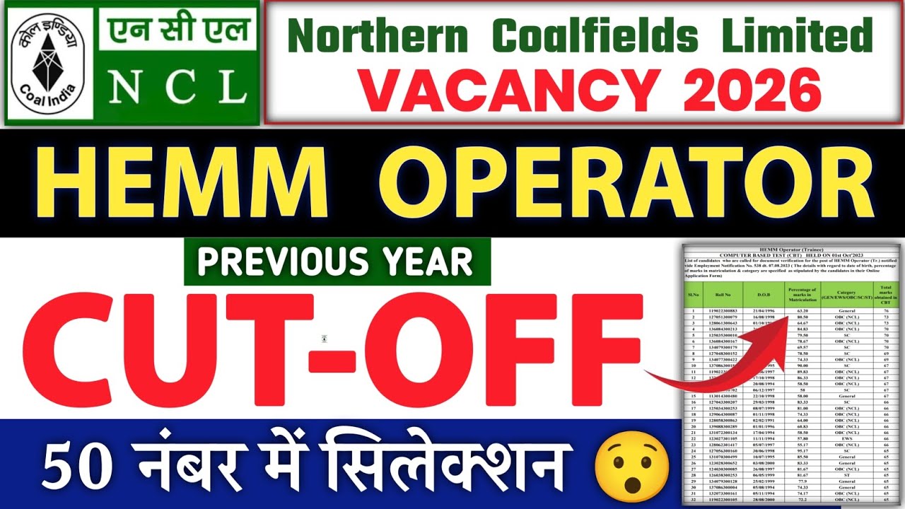 NCL HEMM Operator Previous Year Cut Off 🔥 NCL HEMM OPERATOR 2026  NCL Category Wise Cut Off | NCL