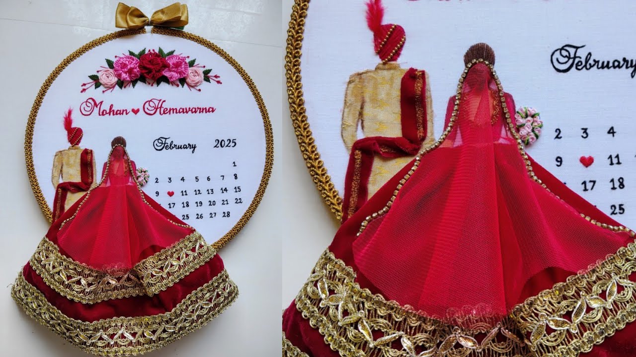 Bride & Groom Embroidery Hoop Art | Custom Wedding Gift with Fabric Dress & Calendar 💖