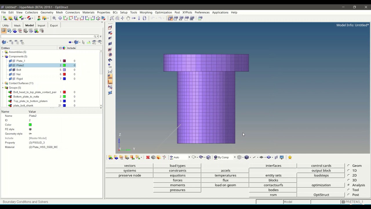 3d bolt pretensioning with external loads in Altair OptiStruct
