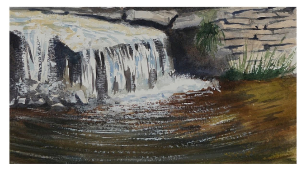 How to paint moving water - Watercolour sketch of a small waterfall in a stream.