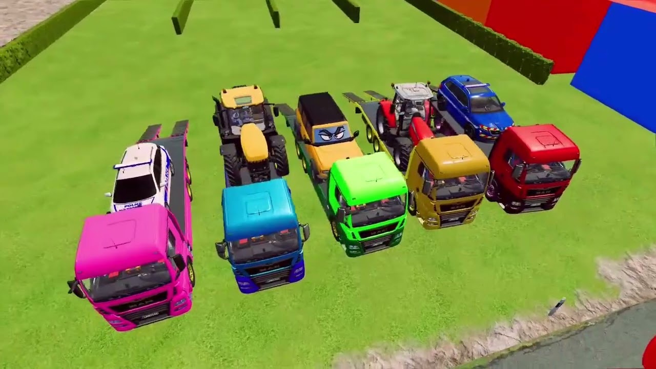 TRANSPORT BMW SCHOOL BUS & MINI HONDA TRACTOR w/ FLATBED TRAILER TO GARAGE! - BeamNG.dri