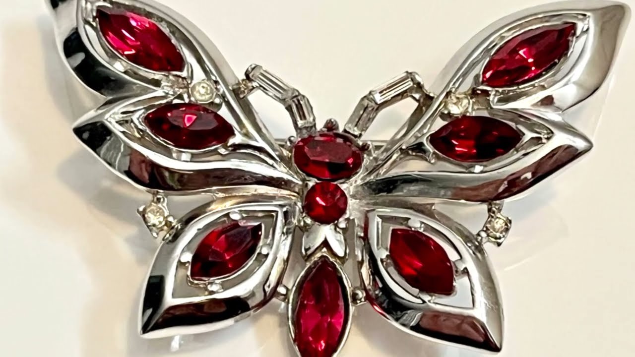 Crown Trifari Alfred Philippe Ruby Navette Rhodium Butterfly Brooch PAT PEND