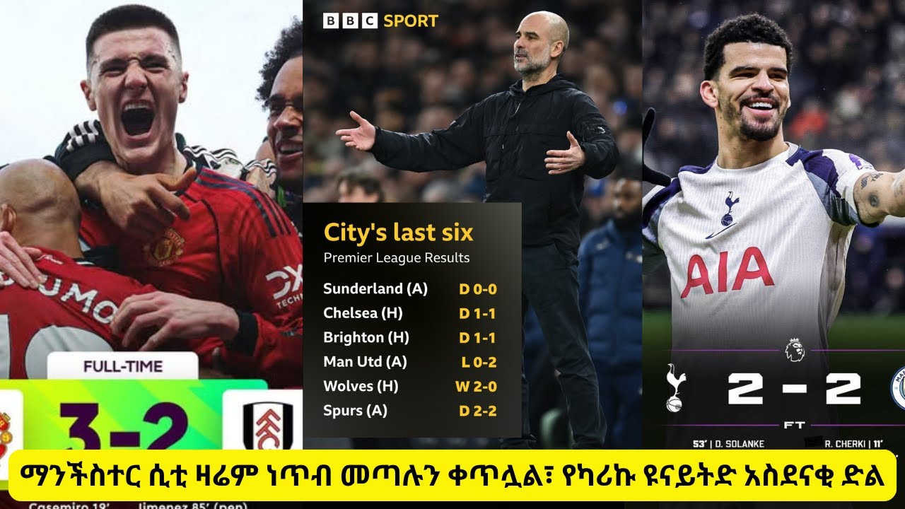 ማንችስተር ሲቲ ዛሬም ነጥብ መጣሉን ቀጥሏል፣ የካሪኩ ዩናይትድ አስደናቂ ድል