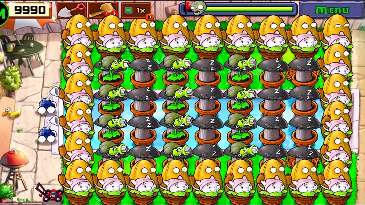 Plants Vs zombies Survival Pool Gatling Pea+Doom Shroom+Tall Nut+Cattail Vs All Zombies Gameplay 