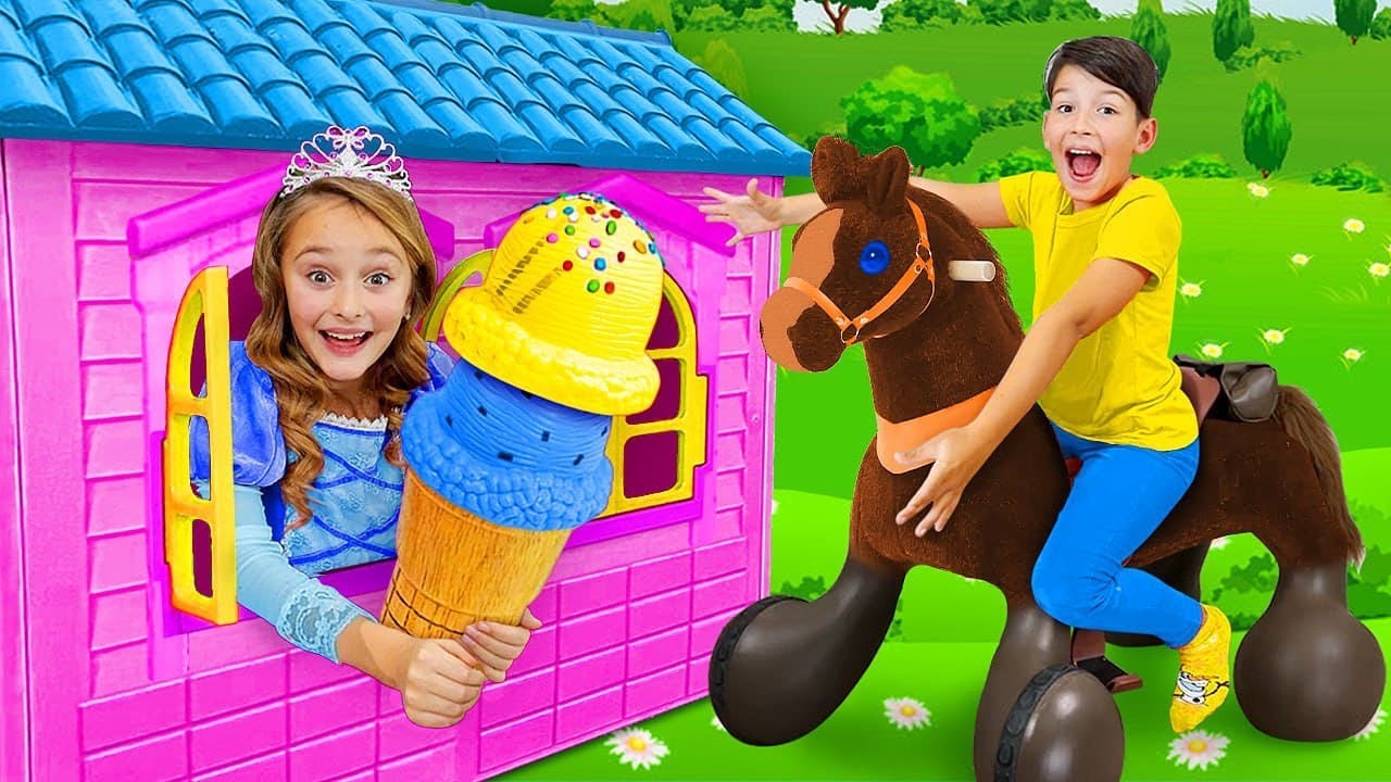 Sasha y Max juegan con un caballo de juguete y abren cafe para amigos
