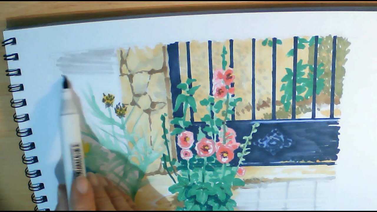 Cómo pintar un paisaje con rotuladores. Reja y flores silvestres.