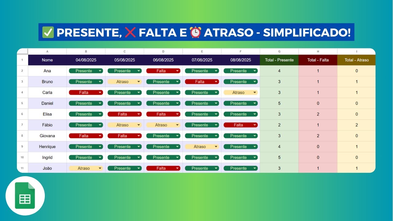Lista de Chamada no Planilhas Google para Controle F&aacute;cil de Presen&ccedil;as, Faltas ou Atrasos