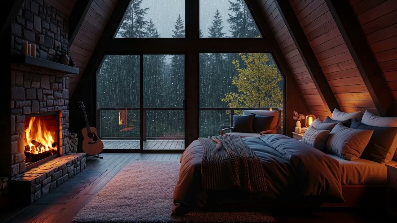 Cozy Fireplace & Soft Rain 🌧️ Deep Sleep Ambience