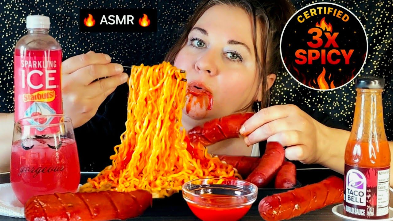  BURP WARNING ⚠️🔥 3x Spicy Ramen + Diablo Sausage #bigbites #2xspicyramen #mukbang 
