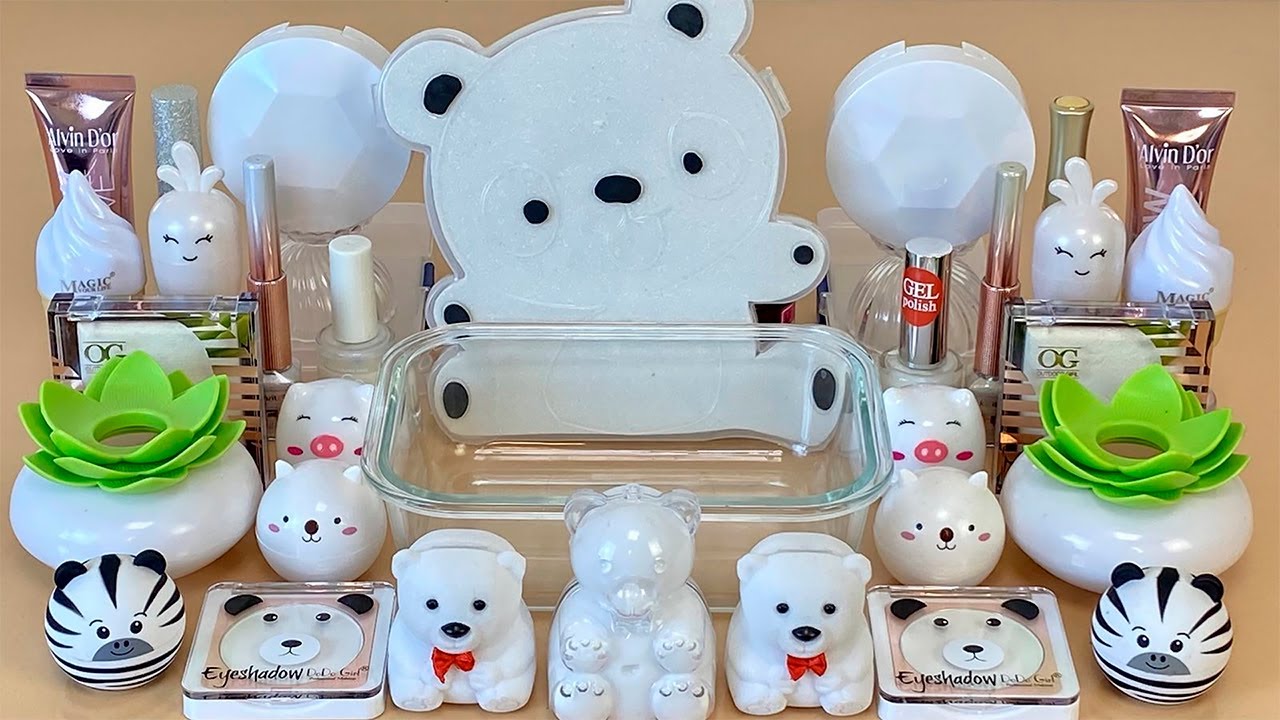 ASMR Slime 🤍🐻&zwj;❄️ Mixing &rdquo;White BEAR&rdquo; makeup, Eyeshadow, glitter into slime. Satisfying slime video.
