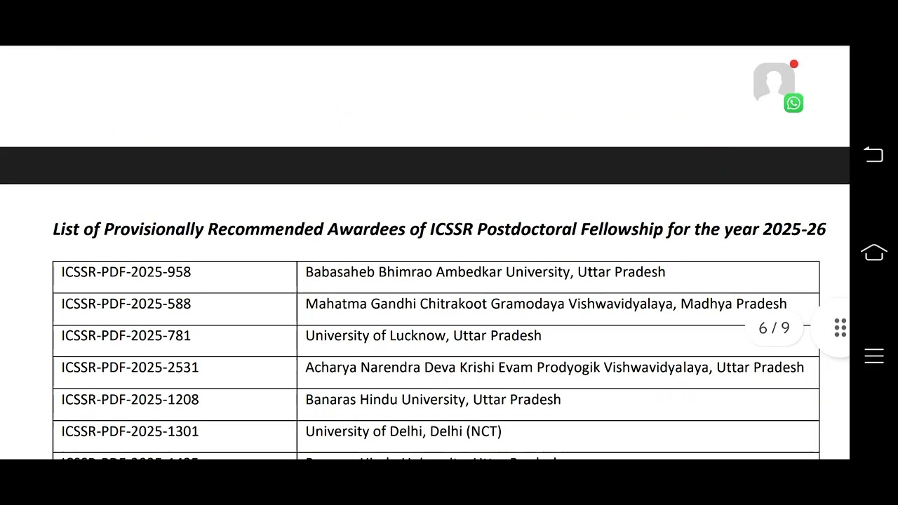 ICSSR Postdoctoral Fellowship 2025–26 Result | Provisional Awardees List | Official PDF Scrolled 