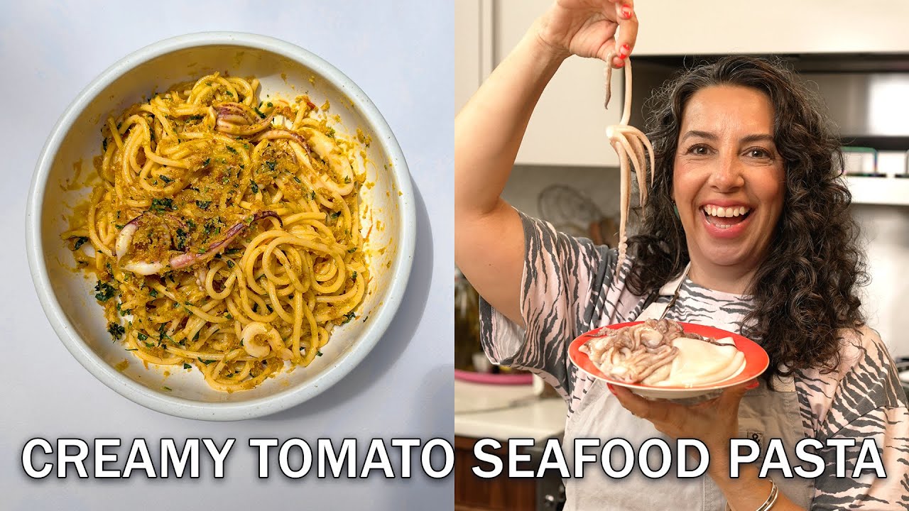 20-минутная сливочная томатная паста с морепродуктами и кальмарами!