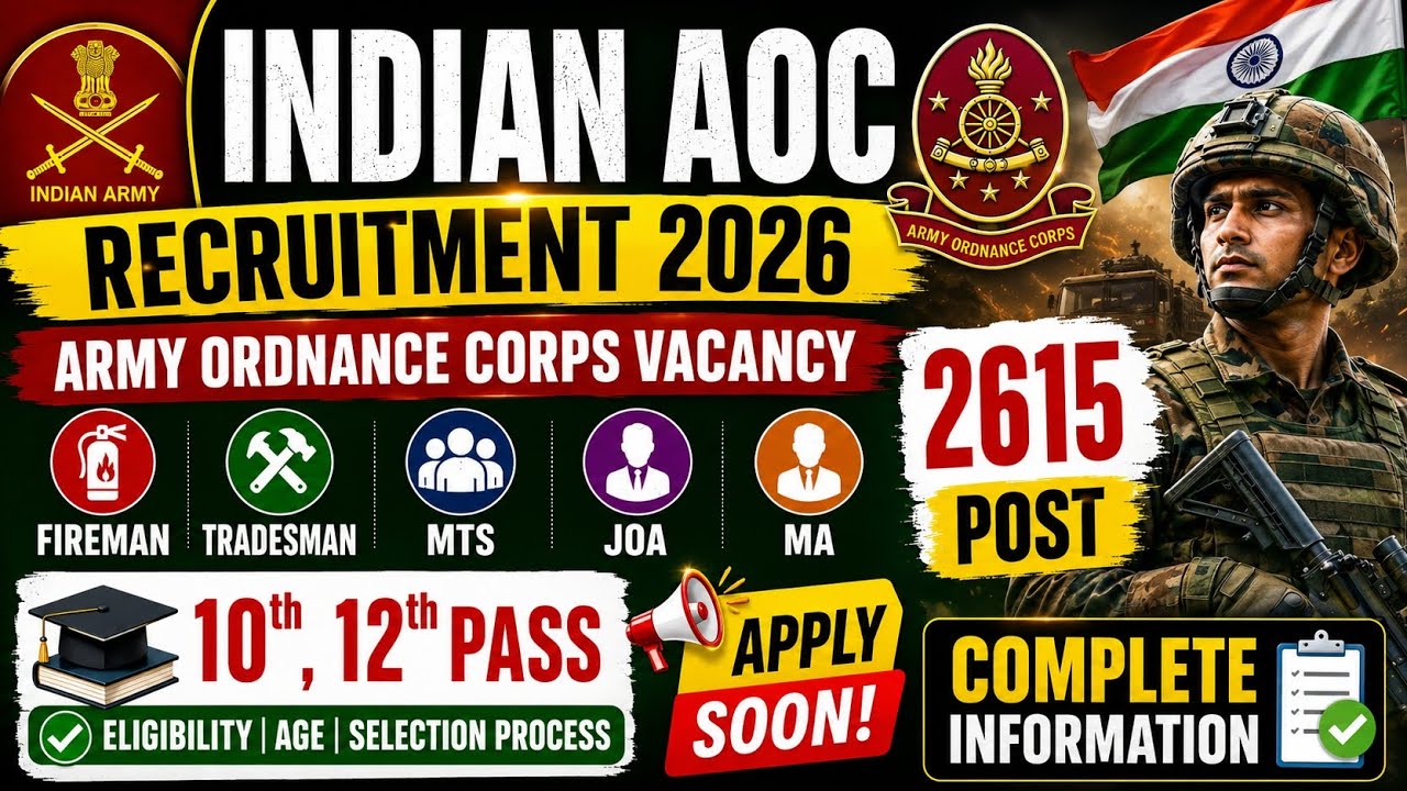 🏔️ Indian AOC Recruitment 2026 || Indian Army Recruitment 2615 Posts | Fireman, Tradesman, MTS, J...