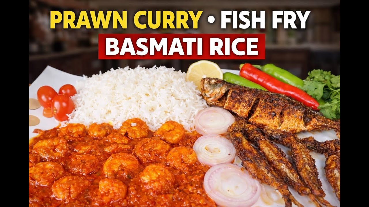 ASMR Spicy Prawn Curry, Crispy Fish Fry & Basmati Rice 🍤🐟 l @Allin_one #viral #basmatirice #prawns