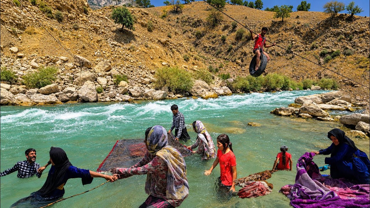 The hardest part of nomadic life | Washing blankets and clothes in the wild river of Khersan
