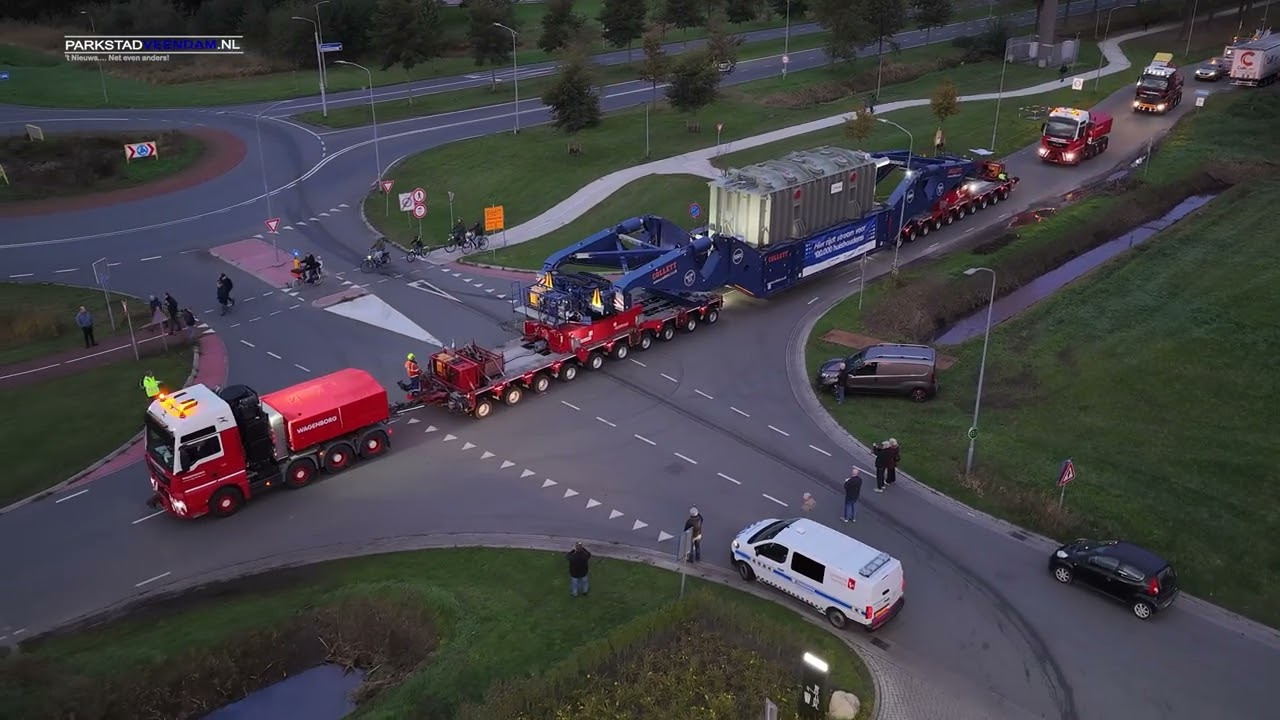 Tweede transformatortransport vanuit Veendam vastgelegd met dronebeelden.