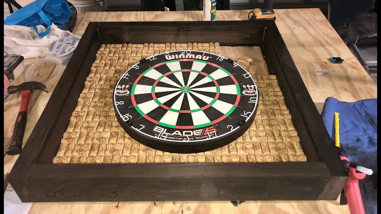 Dart Board Cabinet w/LED Lighting, Wine Cork Background & Glass Doors