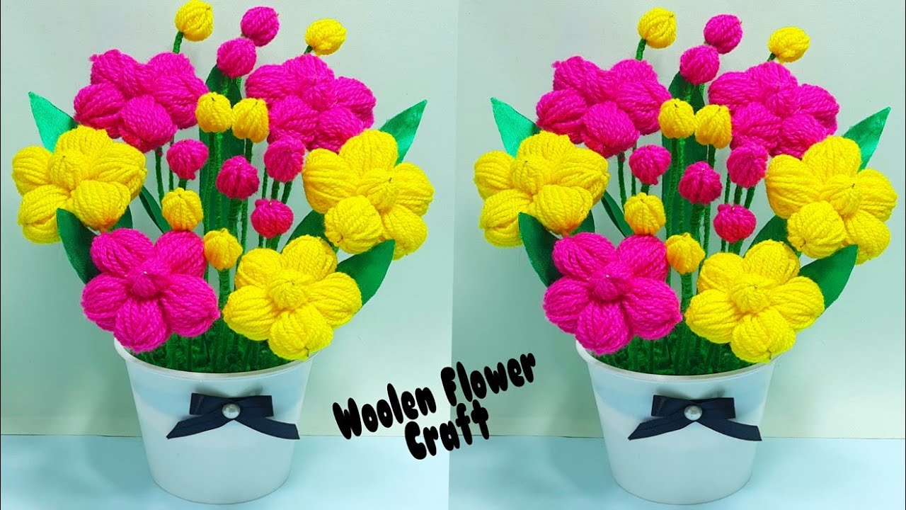 ऊन से गुलदस्ता बनाने का आसान तरीका/Easy Wool Flower Guldasta Craft idea/Plastic Box Vase Craft/Wool