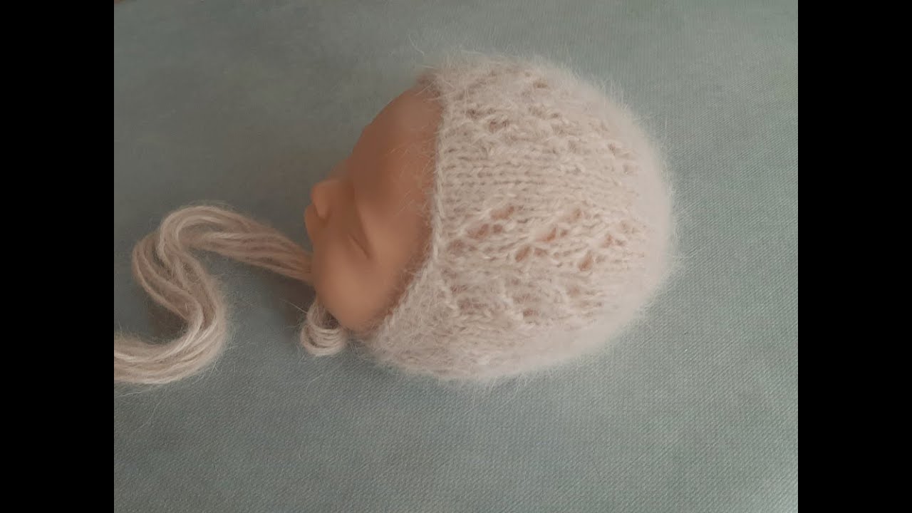 Knitting Tutorial - How To Knit Easy Lace Angora Newborn Bonnet, Photography Prop