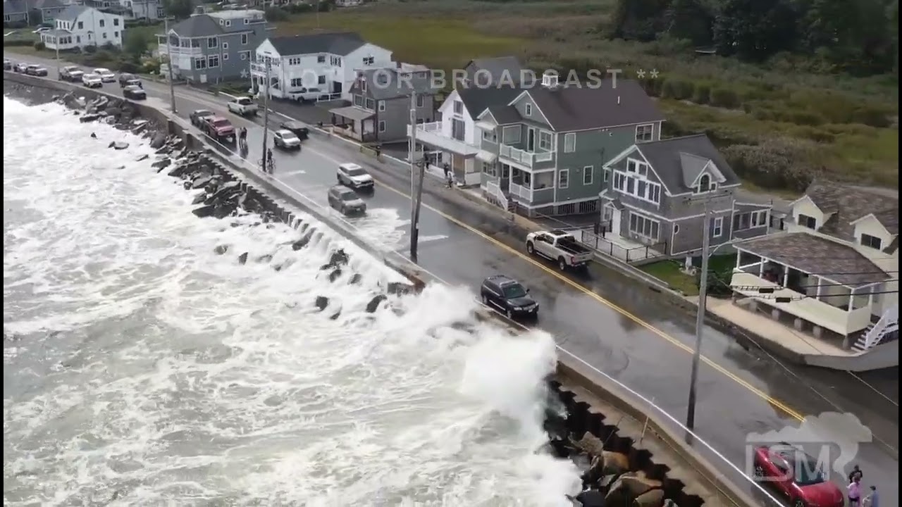 09-16-2023 Wells, ME  - Huge Waves Overtop Seawall-Vehicles Splashed-Surfers *Drone*