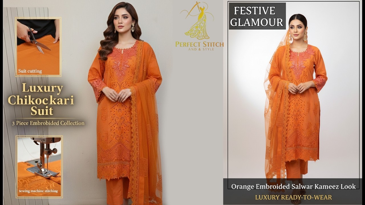 Luxury Orange Chikankari 3 Piece Paper Cotton Suit D-2505-B | Elegant Embroidered Ladies Dress 2026