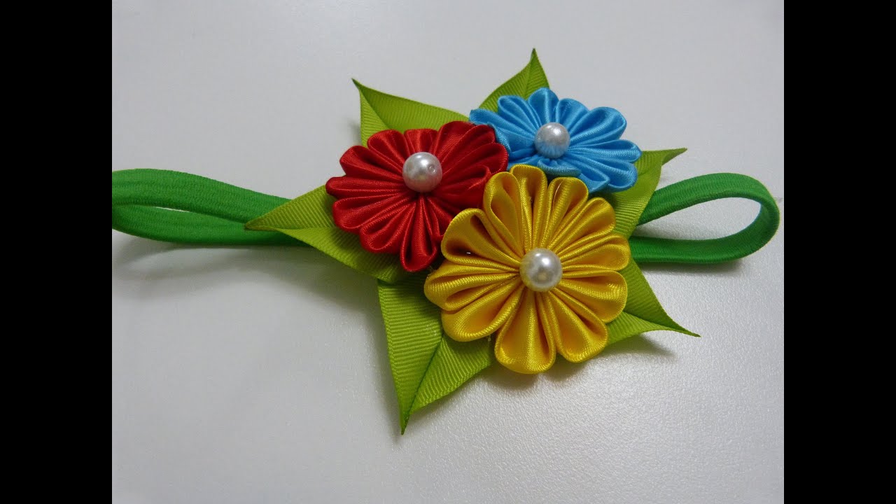 Como hacer lazos, tiaras con flores kanzashi listón Gros,  How To Make a Hair Bow