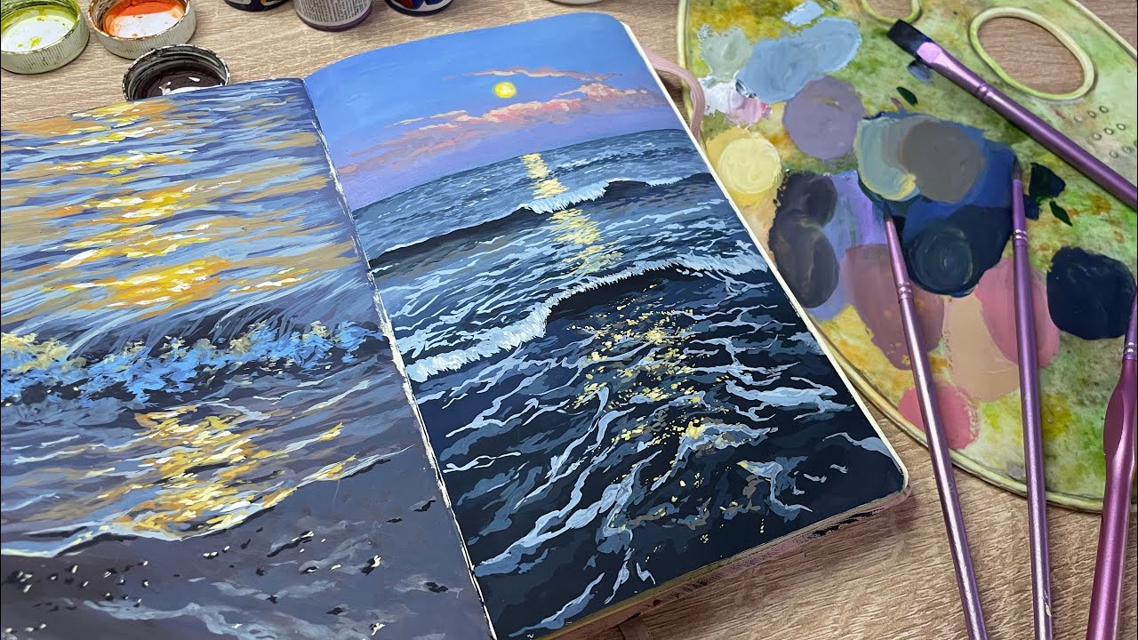 Рисуем ночной морской пейзаж гуашью |Drawing a night seascape with gouache