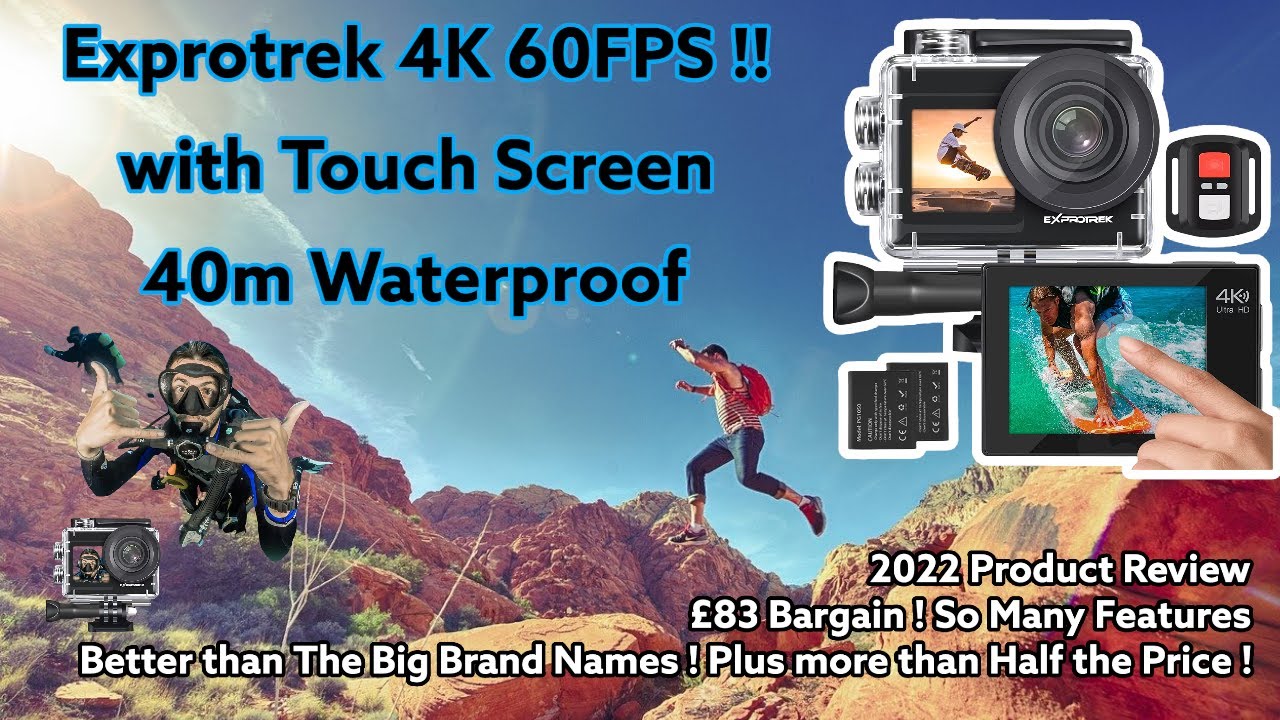 Exprotrek 4K Action Camera Touch Screen EIS Adjustable View Angle, 40m Waterproof +  Remote Control
