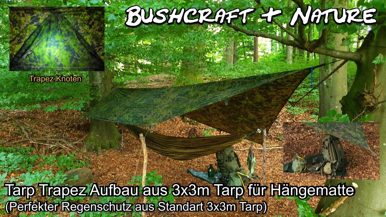 Tarp Trapez Aufbau aus 3x3 Tarp für Hängematte | Tarp trapeze setup made of 3x3 tarp for hammock