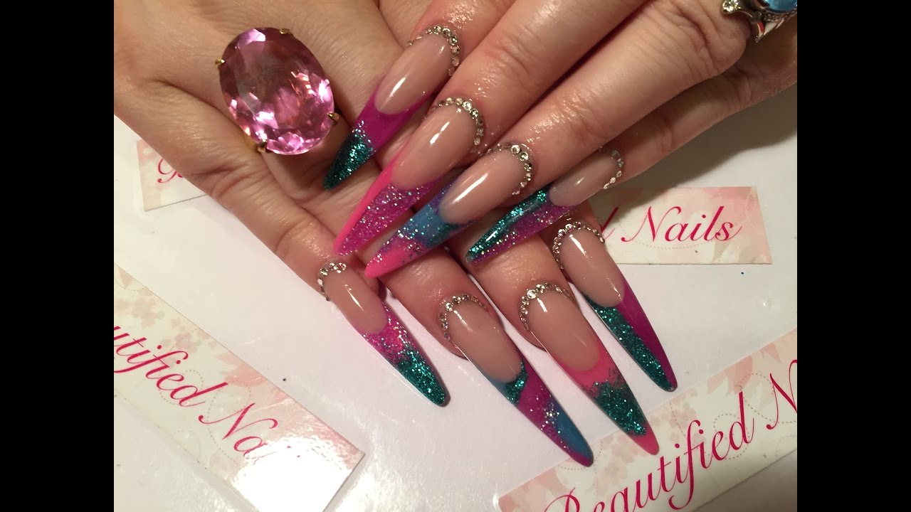 Acrylic Stiletto Sculpted nails, pink and sparkly using colour powder