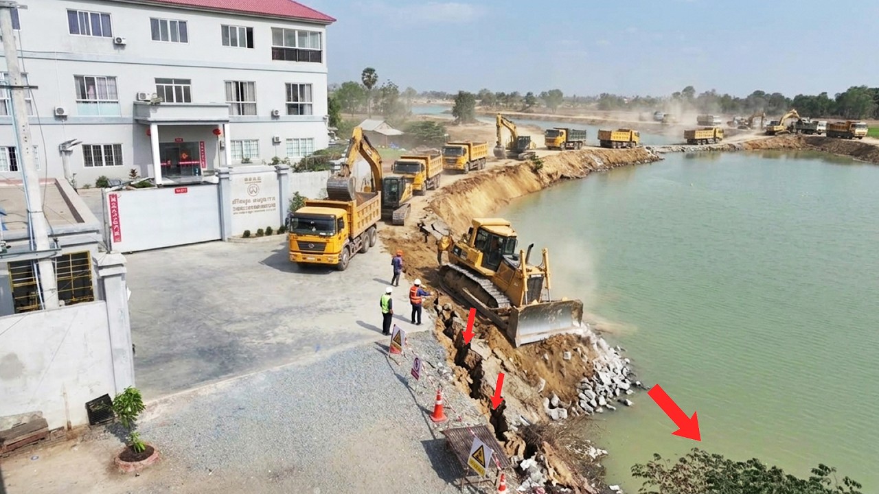 Ground Collapse Area Land Filling Up Bulldozer KOMATSU and Many Dump Truck Delivery Unloading Dirt