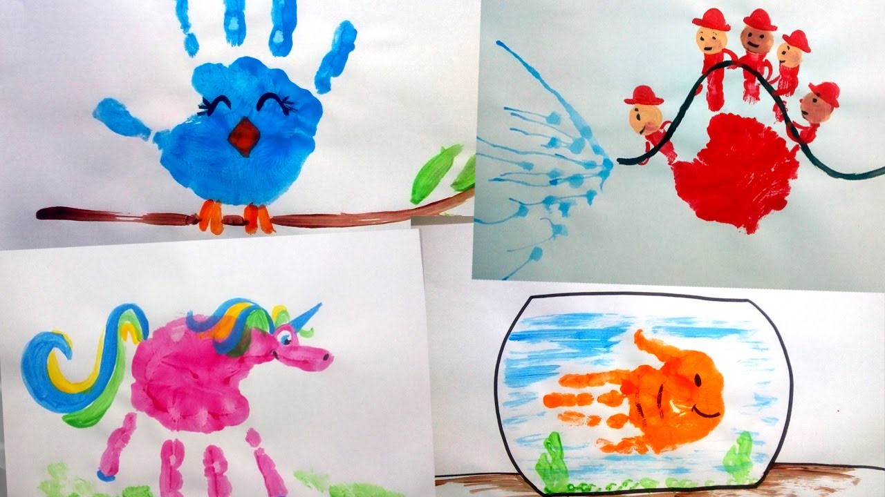 11 Ideias de como fazer desenhos a partir das mão das crianças carimbadas com tinta.