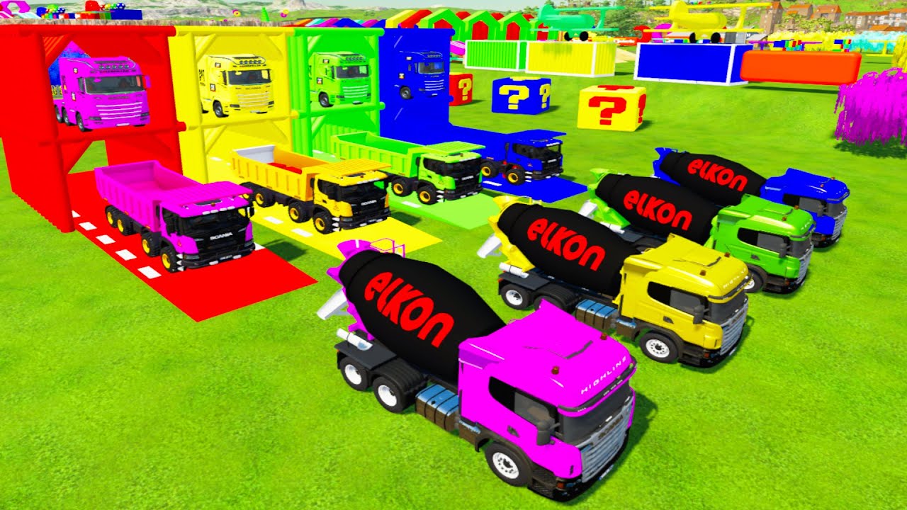 Colorful trucks - COLORFUL SCANIA ELKON MIXER TRUCK, SCANIA DUMP TRUCK TO COLORFUL GARAGE WITH TRUCK