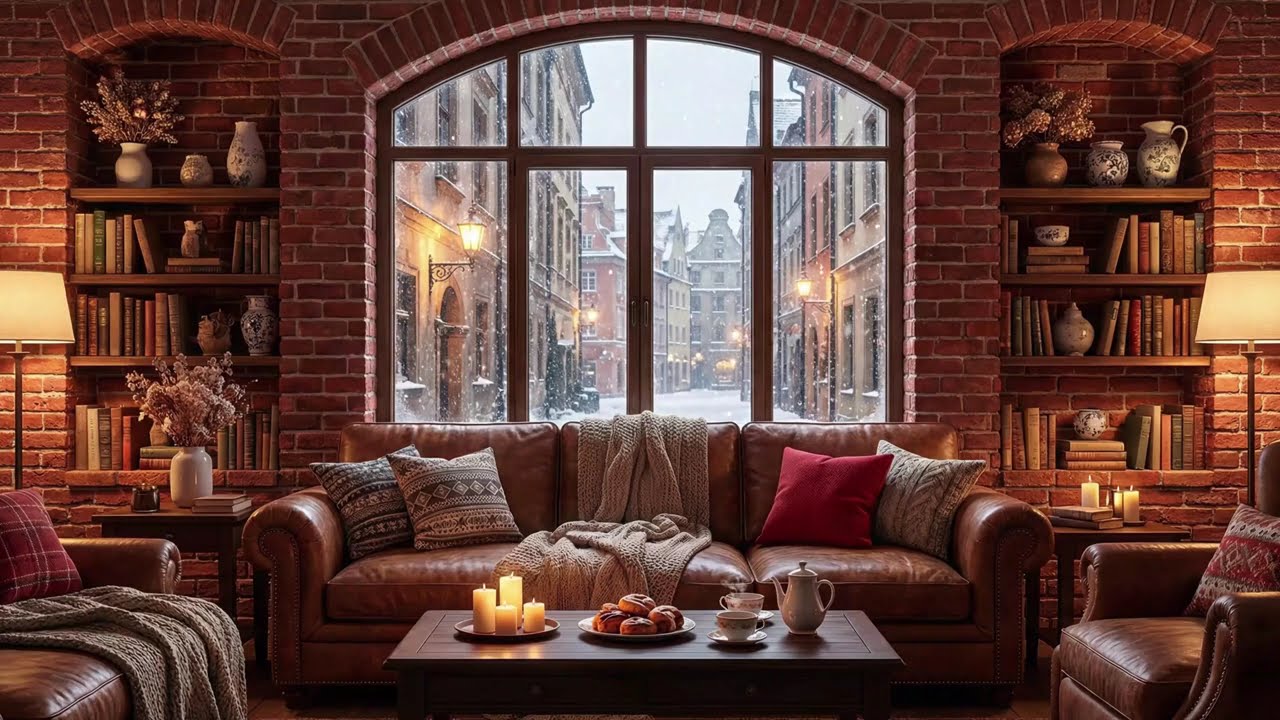 Quiet Winter Room Fireplace ❄️ Snow Outside the Window & Soft Candlelight for Restful Sleep