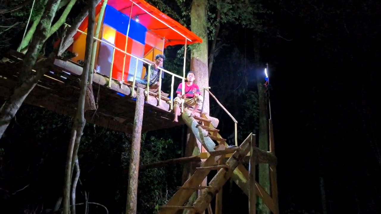 Camping di hutan Sumatra bikin pondok rumah pohon part 2 / menu  berburu burung puyuh di malam hari