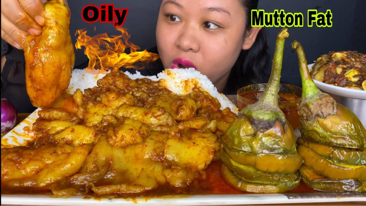 SPICY OILY MUTTON FAT CURRY, STINK BEANS CHUTNEY, BENGAN BHAJA, MUTTON EXTRA CURRY MUKBANG BIG BITES