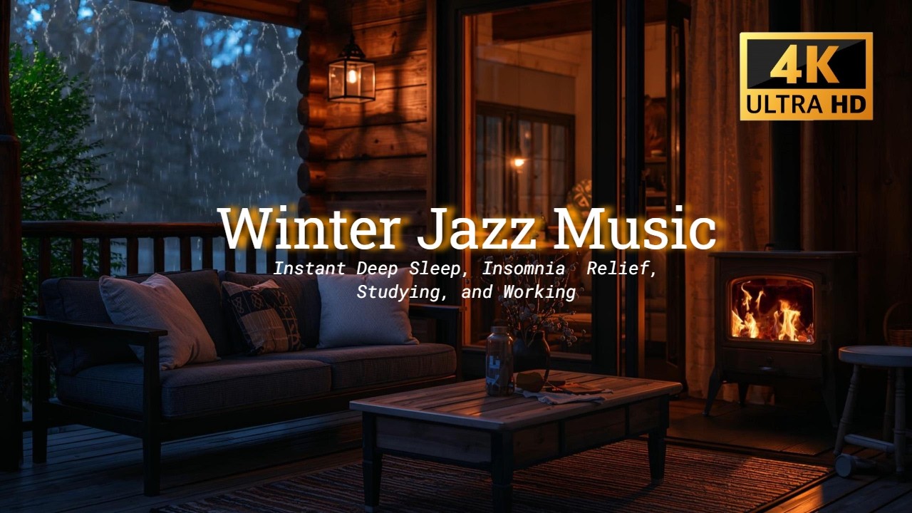 Relaxing Jazz & Rain Sounds in a Cozy Log Cabin | Thunderstorm & Fireplace ASMR for Insomnia Relief