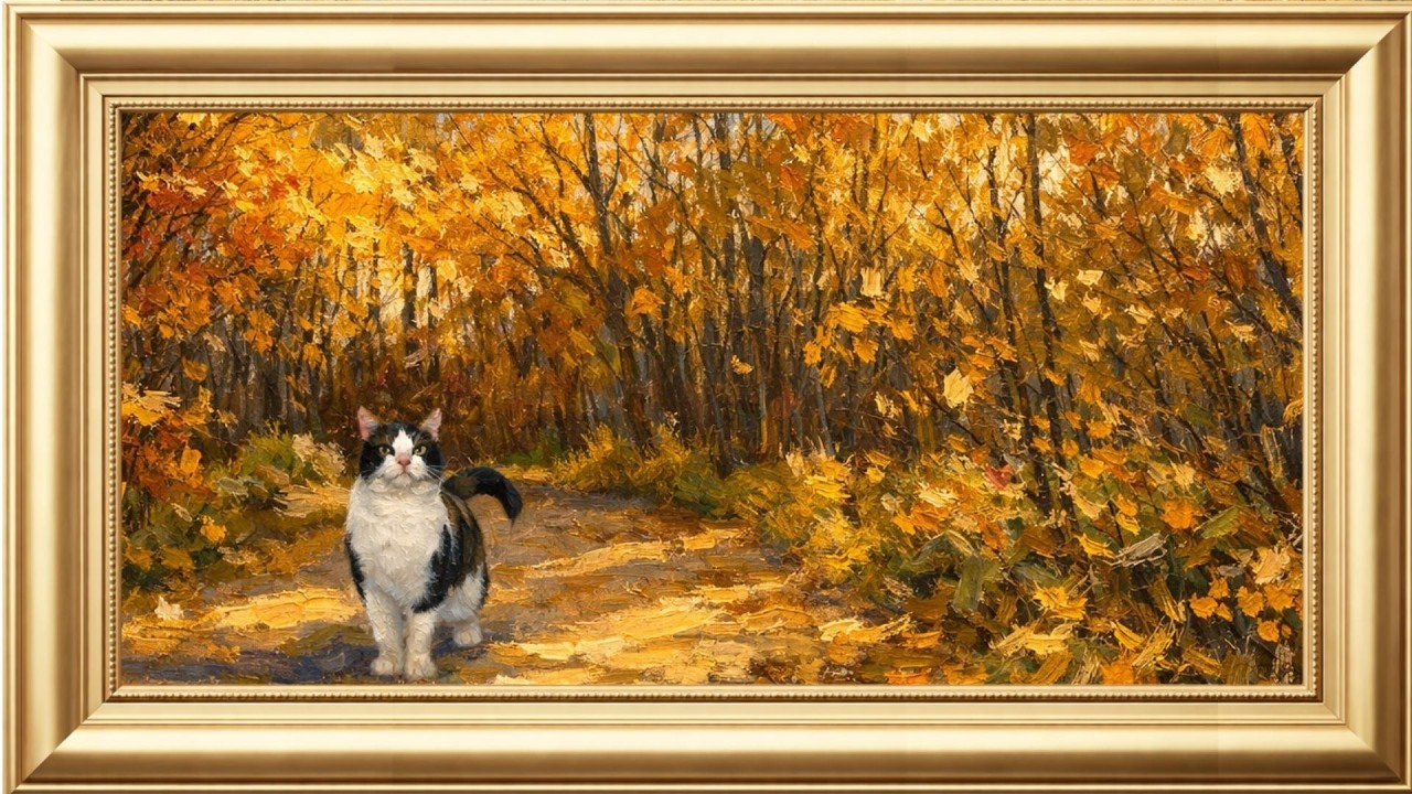 Cat walking through autumn forest path | Frame TV Art 4K Screensaver  Oil Painting Impressionism Art