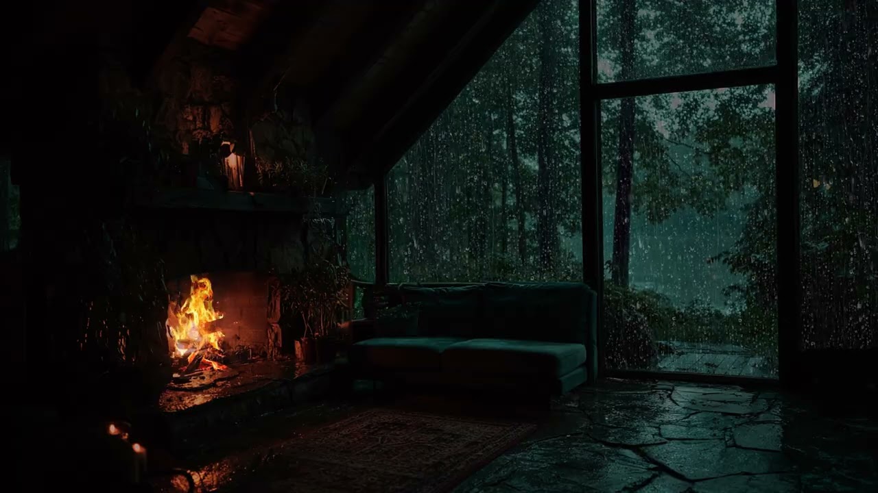 Cozy Cabin Rain Night 🌧 Gentle Rainfall with Fireplace Warmth for Sleeping and Relaxation